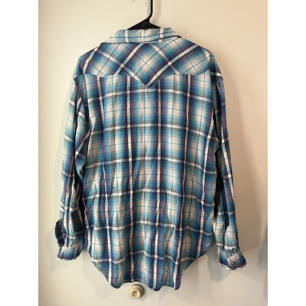 Levis Vintage 90s Y2k Distressed Plaid Pearl Snap Button Down Womans‎ Large Blue